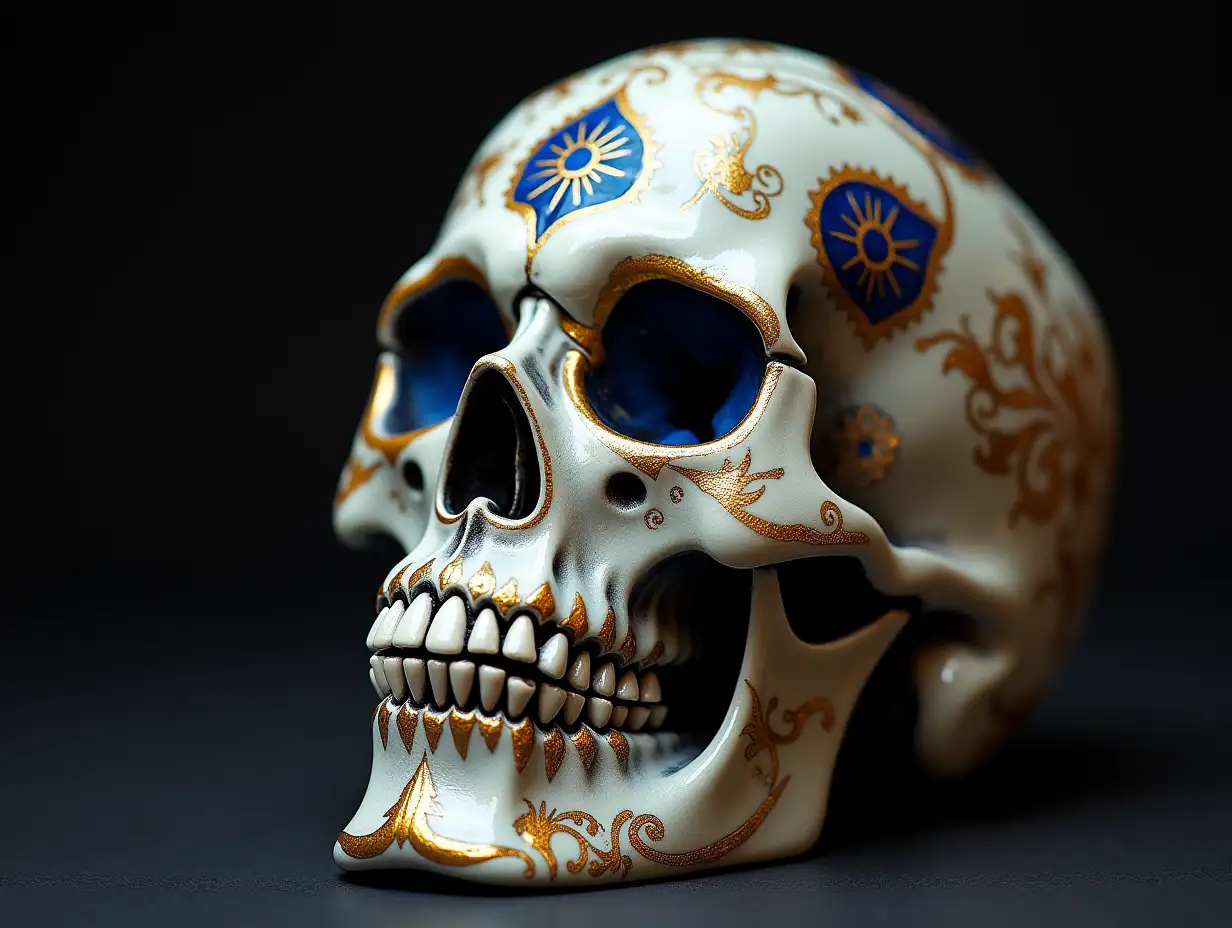 Sehr detailliertes Bild voneinem Totenkopf mit Glasaugen, Porzellan mit gold and blaue Ornamenten  4K-Auflösung