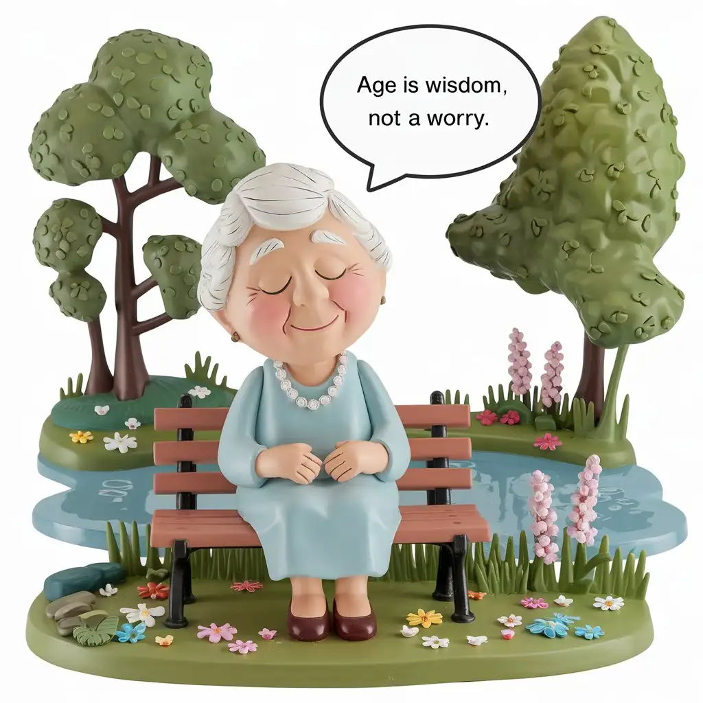 Peaceful Cartoon Elderly Woman Sitting on Bench Surrounded by Nature