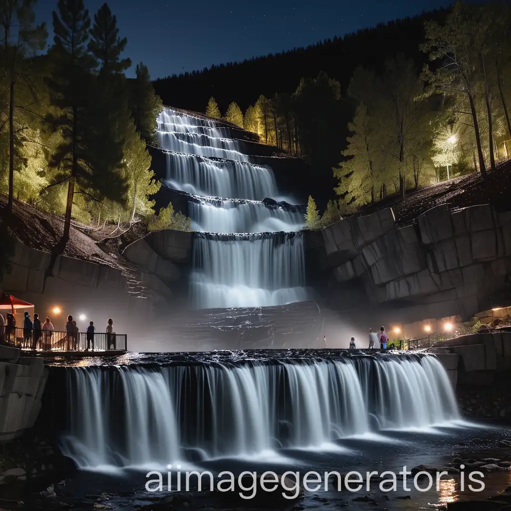 Nighttime-Creek-Falls-with-Joyful-People-Playing-in-Water