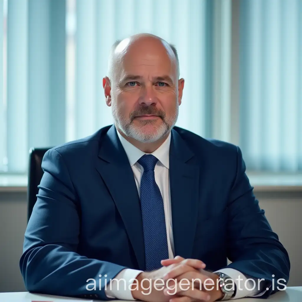 Bald-MiddleAged-Man-in-Blue-Suit-Sitting-at-Office-Desk-with-Blue-Blinds-Background