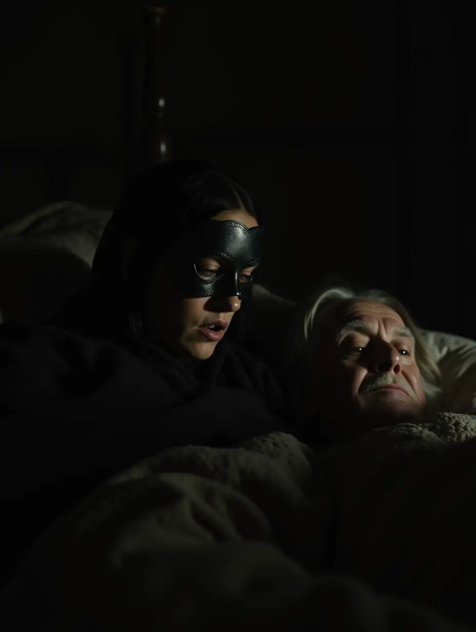 An epic 17th century scene featuring a beautiful warrior woman in black with a mask wake up in the middle of the night and an old French citizen in his bed, surprising, close cinematic view