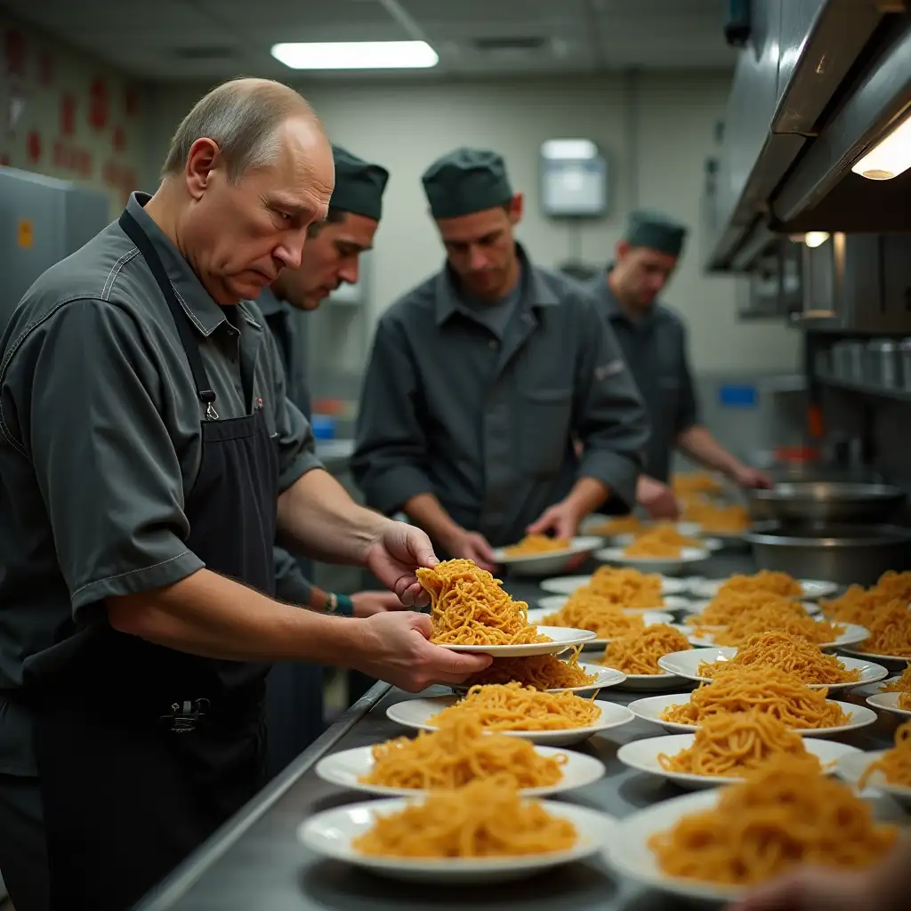 Vladimir Putin as a cook in a cap distributes noodles on plates to workers in a canteen, photo