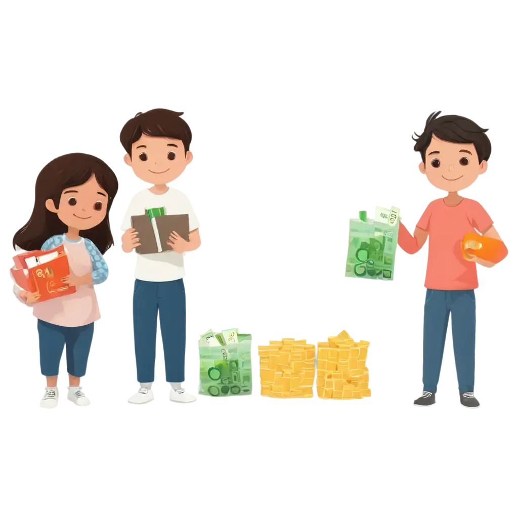 children boys and girls collecting Rupiah for saving, according to the message of God's word in the Bible. Children with parents, bringing money and Bible. Make a cartoon image.