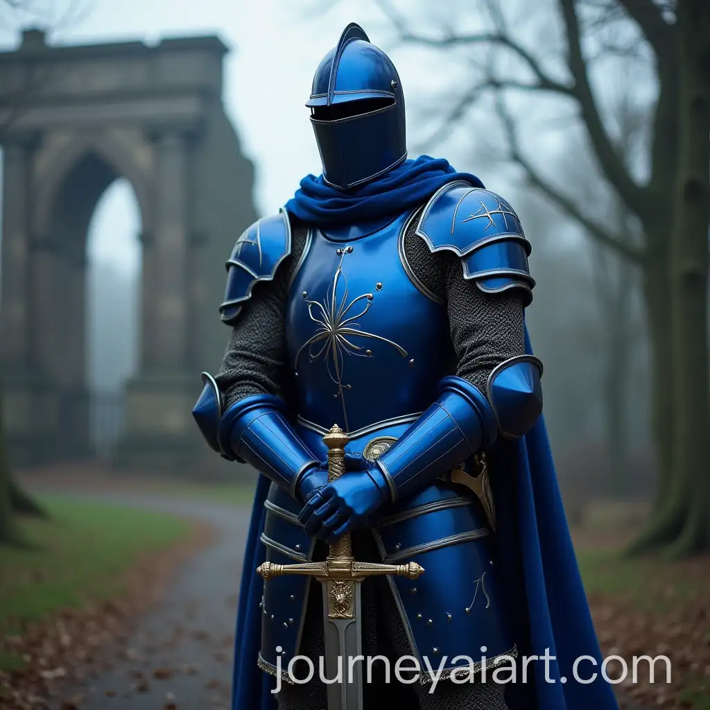 Royal-Blue-Armored-Soldier-with-Lion-Emblem-Sword-in-Misty-English-Forest