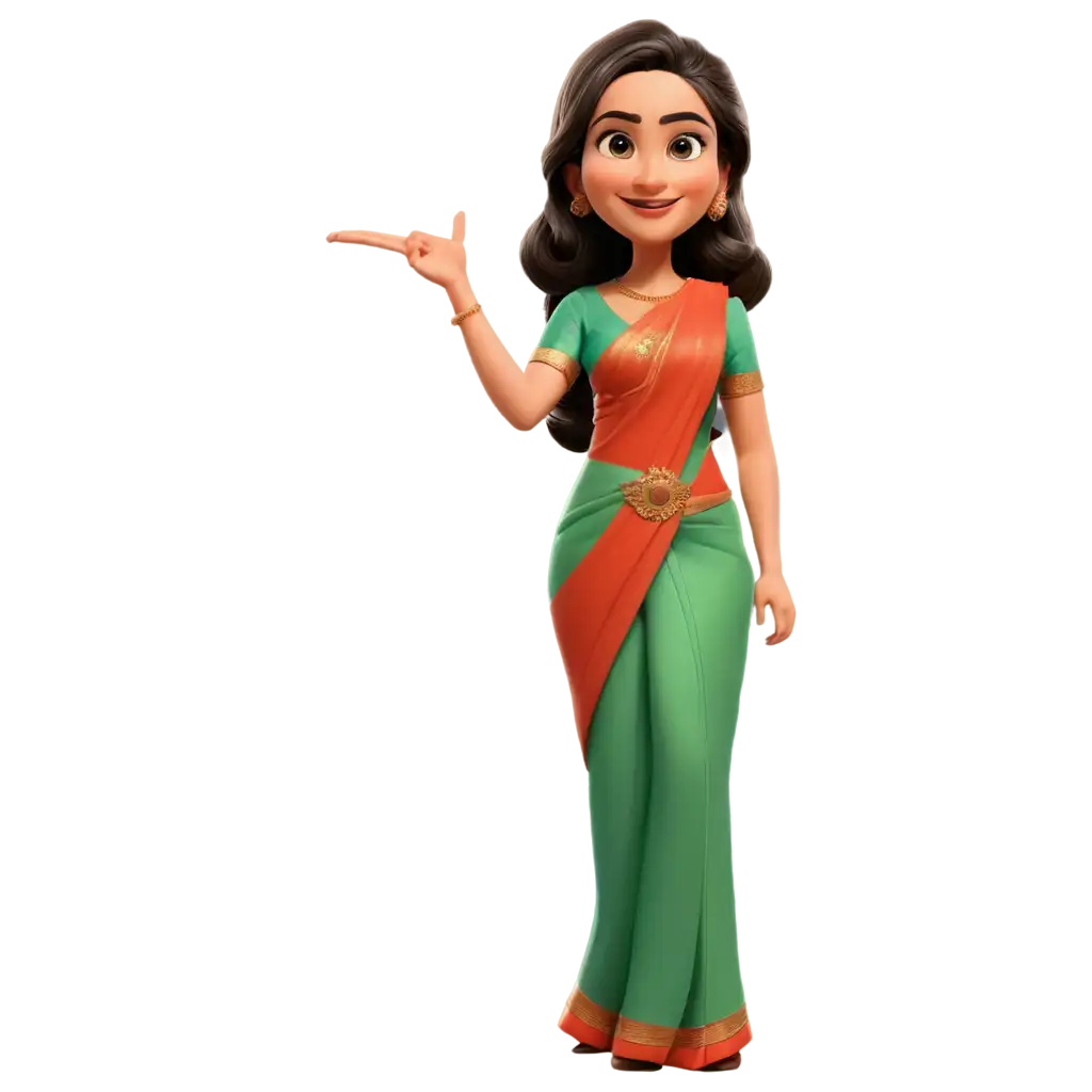 Cartoon-Style-PNG-Image-of-a-Lady-in-Saree-Pointing-Left