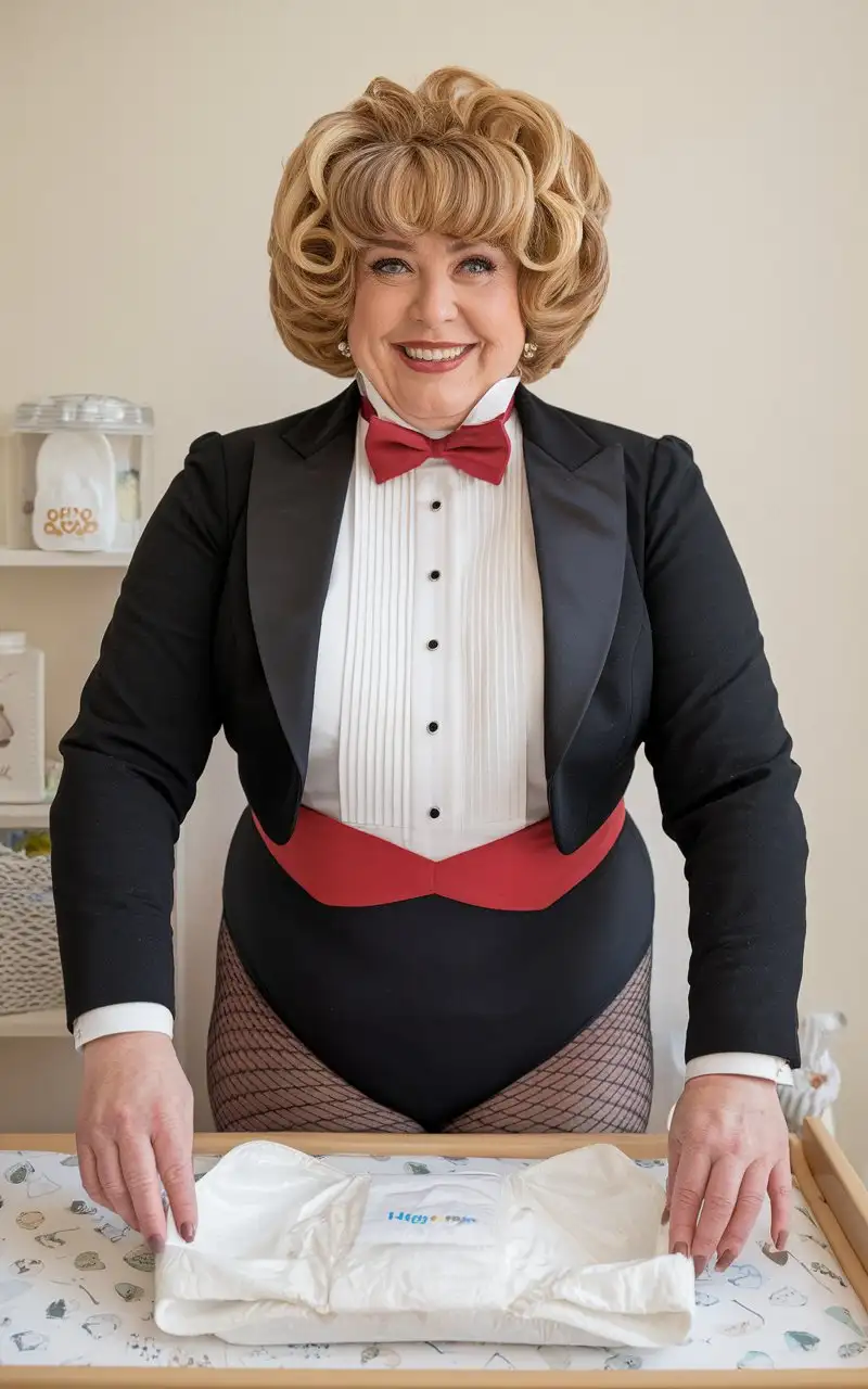 sweet very beautiful smiling middle aged huge fat obese with large wide huge hips Caucasian woman, with short blonde curly hair with curly bangs, standing facing forward wearing a very formal concert tuxedo with black long sleeve cropped Eton jacket, white wing tip tuxedo shirt with pleated front, scarlet red adjustable around collar neckband diamond point bow tie, scarlet red cummerbund, black tight high cut cotton leotard bottom with elastic waistband, nylons, unfolding a large white plastic Huggies disposable diaper while leaning over a changing table with a large scarlet red and white plastic package that reads 'Huggies THICK Diapers' in a nursery, front view.