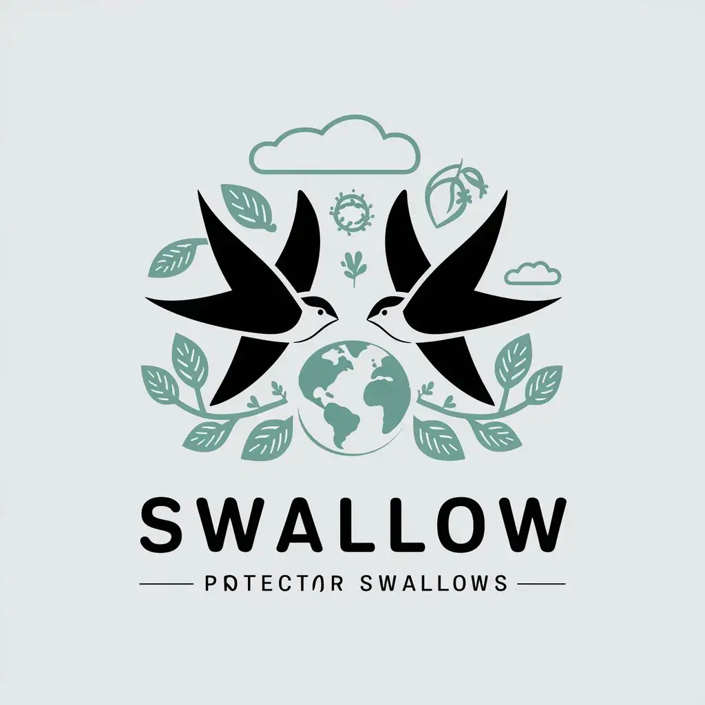 a vector logo design,with the text "swallow", main symbol:Combine swallows with natural environment elements (such as tree branches, leaves, bird nests or clouds). Emphasize the close relationship between swallows and the ecosystem.   - Use symbolic elements (such as earth, heart or protective hand) to emphasize the importance of protecting swallows.,Moderate,clear background