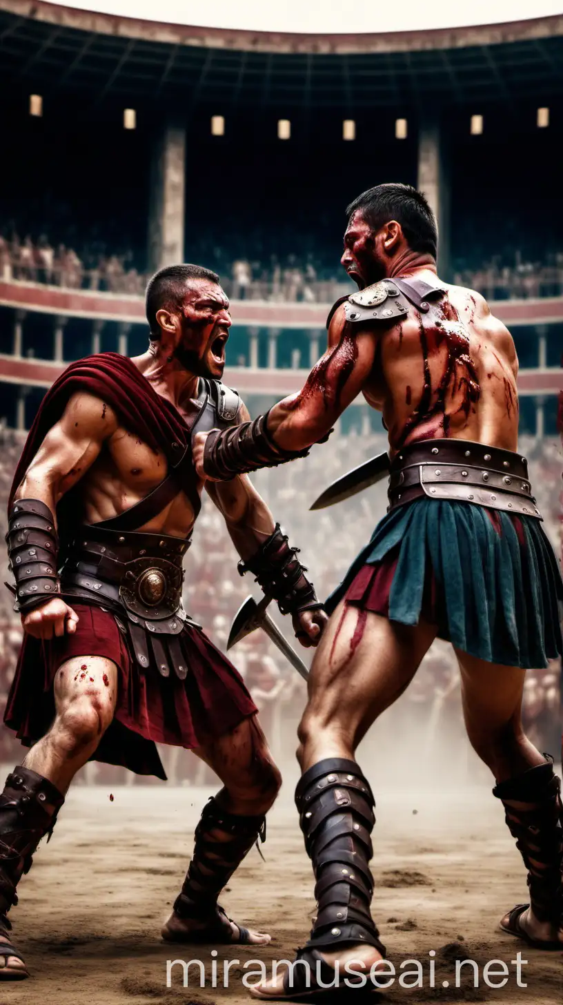 Spartacus Fighting in Arena Brave Gladiator Battle Scene in 4K Panoramic View