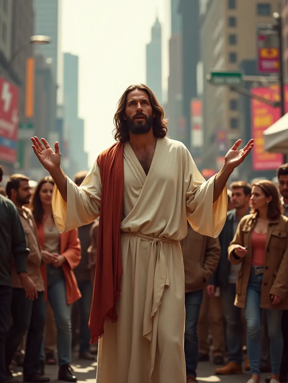 A realistic depiction of Jesus Christ standing in a crowd of people on the busy streets of New York City, delivering a sermon with a calm and expressive posture. He is dressed in casual, modern clothing with slight traditional touches, like a light robe or sash. The people around him are diverse, some listening intently, others distracted by their surroundings. The bustling city background includes skyscrapers, billboards, and street signs, capturing the contrast between spirituality and the modern, fast-paced life. Warm lighting gives the scene a peaceful yet lively atmosphere.