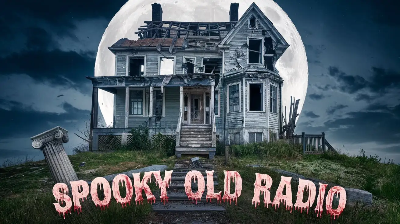 A decaying haunted house on a hill at night with a huge full moon behind it, 'Spooky Old Radio' in blood-spattered letters.