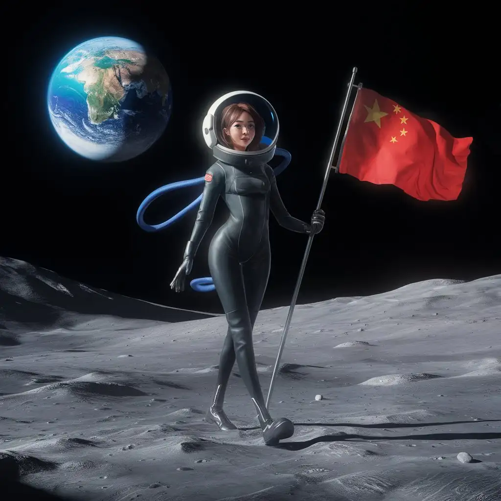 Generate an image, an 18-year-old beautiful woman in a black wetsuit walks on the lunar surface, while holding a Chinese flag in her hand
