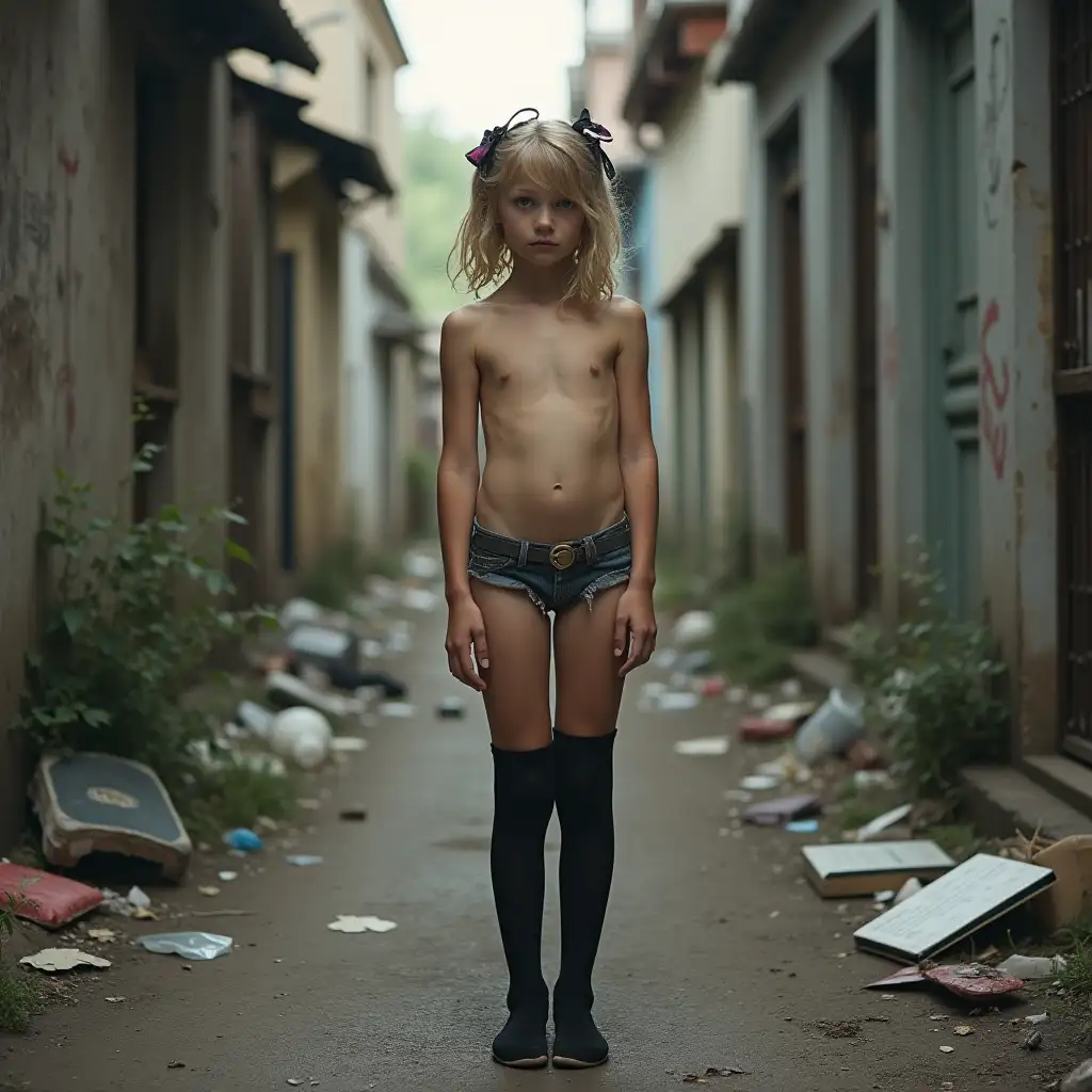 Young-Blonde-Girl-in-Black-Stockings-Standing-in-Alley-with-Trash