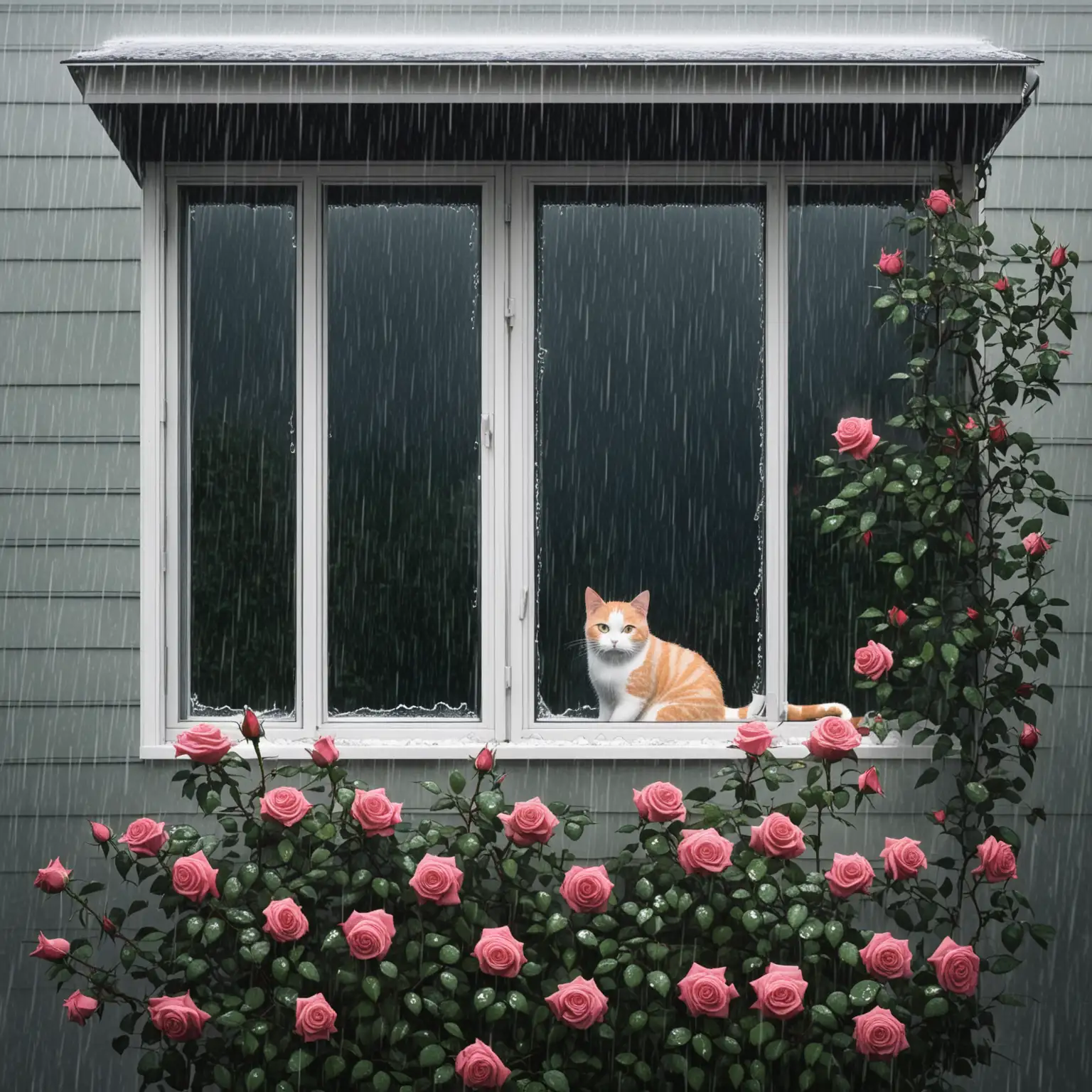 Rainy Day Scene with Cat by House with Rose Bush