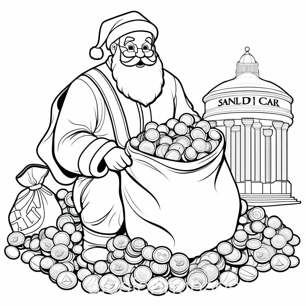 Santa-Claus-at-the-Bank-with-Sack-of-Coins-and-Toys-Coloring-Page