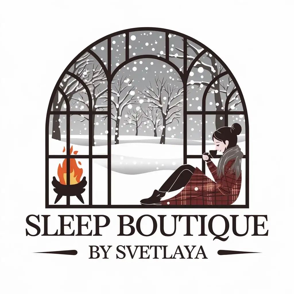 LOGO-Design-for-Sleep-Boutique-by-Svetlaya-Winter-Wonderland-with-Snowfall-Tea-and-Fireplace