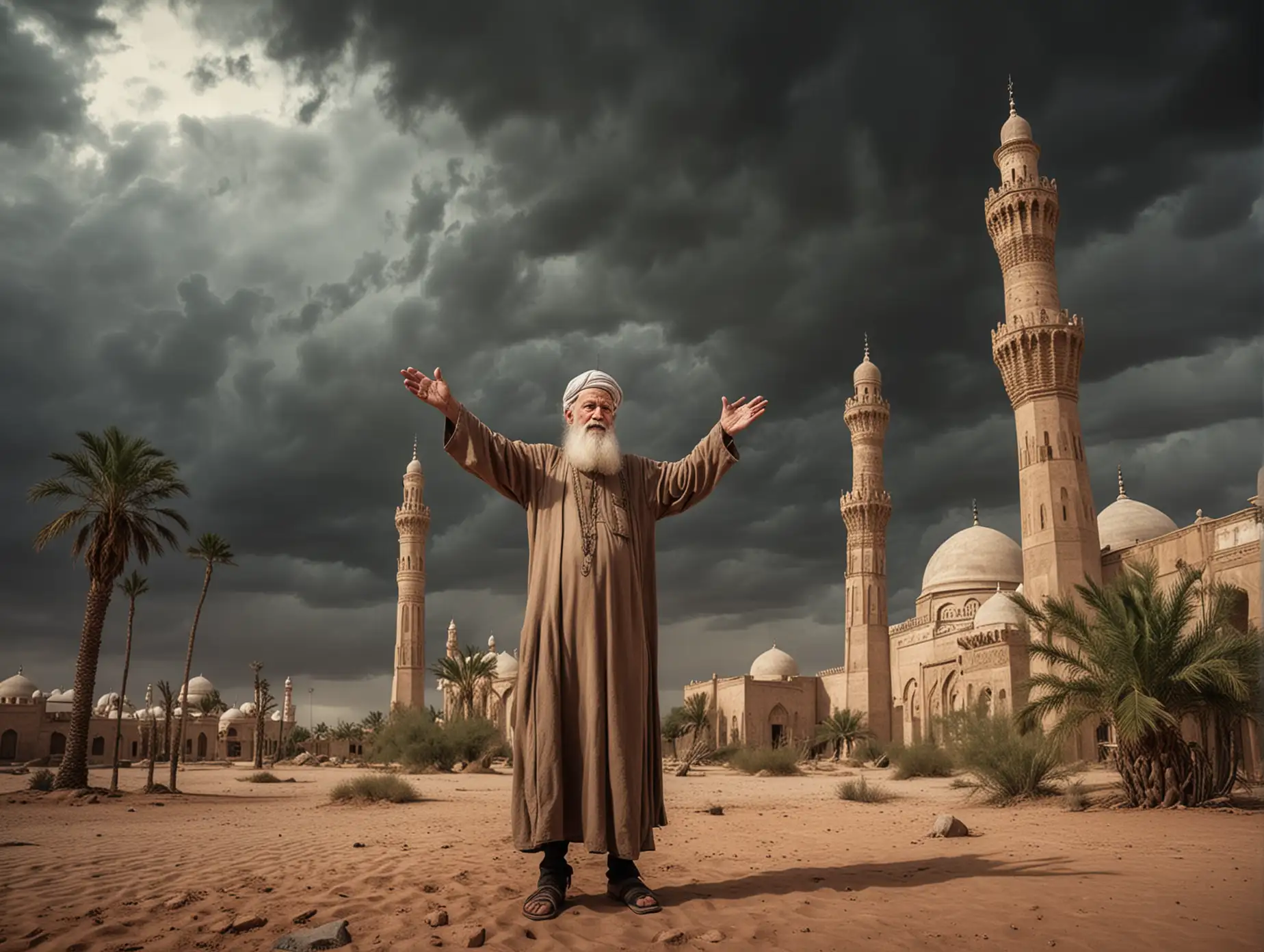 A bearded medieval old man stands with both hands raised in the desert. There is a beautiful mosque next to it. The sky is covered with dark clouds. palm tree