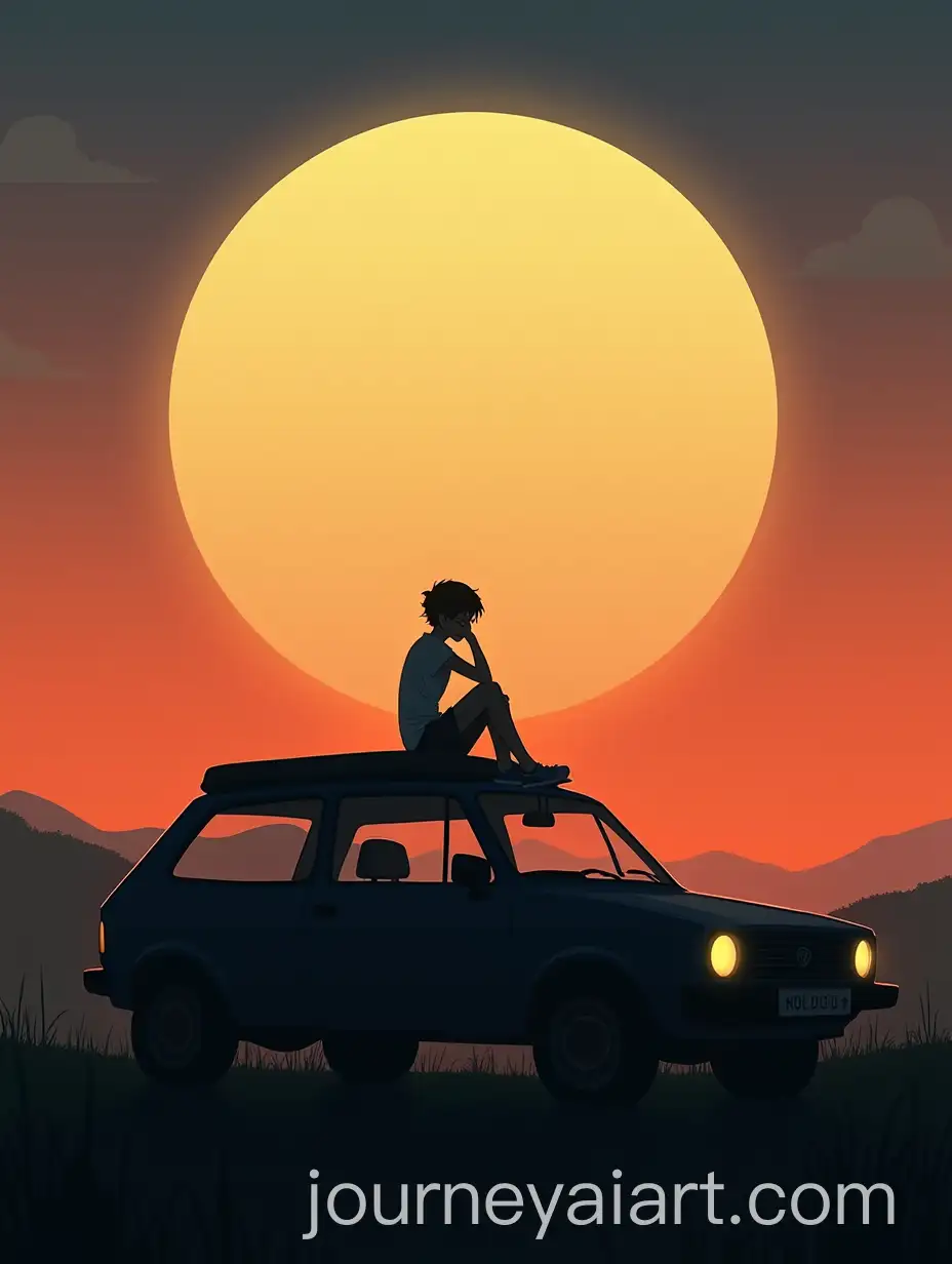 Silhouette-of-Person-Sitting-on-Car-Roof-with-Moon-in-Sunset-Sky