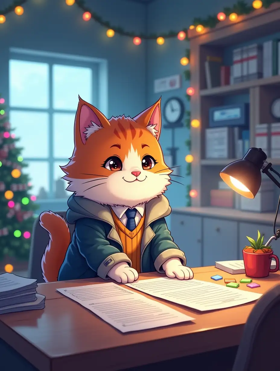 kawaii positive fluffy anime style fluffy multicolored an engineer designer cat in office clothes  He lays out documents and office papers on a large shiny table in an a spacious, bright room with walls of panels dotted with colorful lamps, instruments and indicators and with a Christmas tree in the background and garlands on the walls with atmosphere of magical glow, paint in anime style