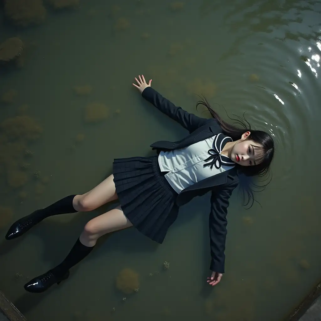 A girl in a school uniform, with a skirt, jacket, blouse, dark tights, high-heeled shoes is swimming in a dirty pond, lying under water, her body beneath the water surface, completely wet clothes, no dry parts of clothing, wet clothes stick to the body.