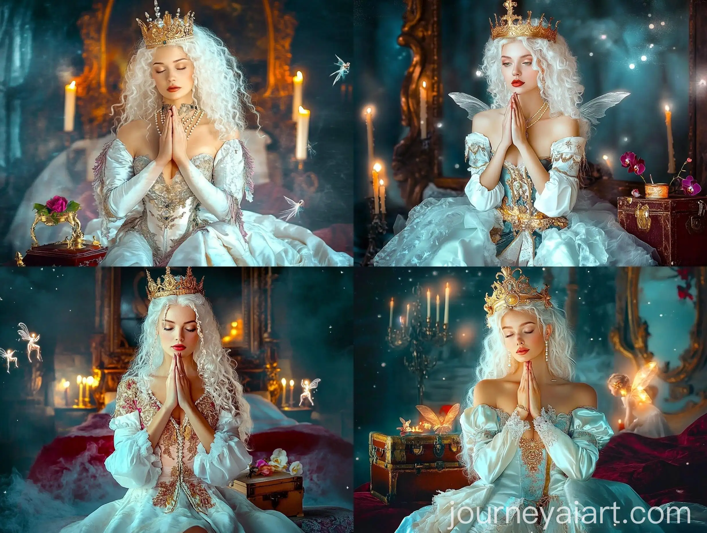 Medieval-Queen-with-Curly-White-Hair-and-Orchids-in-Royal-Chamber