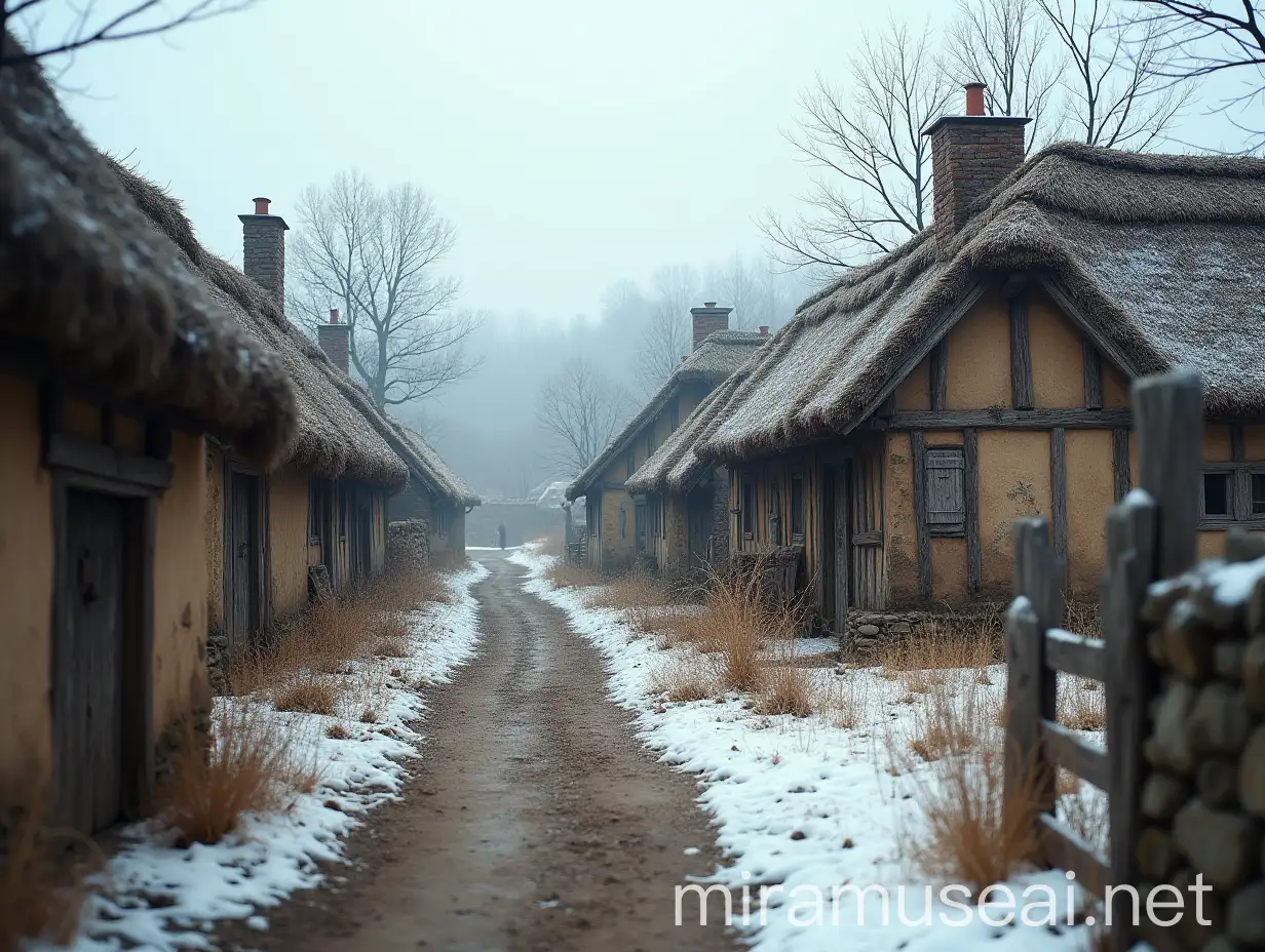 Historical Winter Village Scene with Dilapidated Farmhouses and Snow