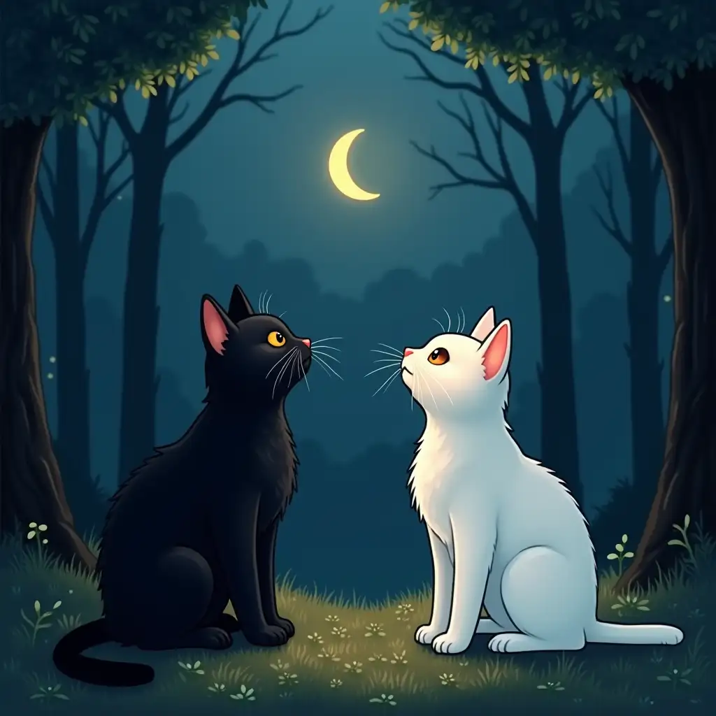 On the left sits a black cat on the right sits a white cat, between them in the air a small moon, the cats are surprised to look at the nen, on the background of a beautiful forest, moonlighting