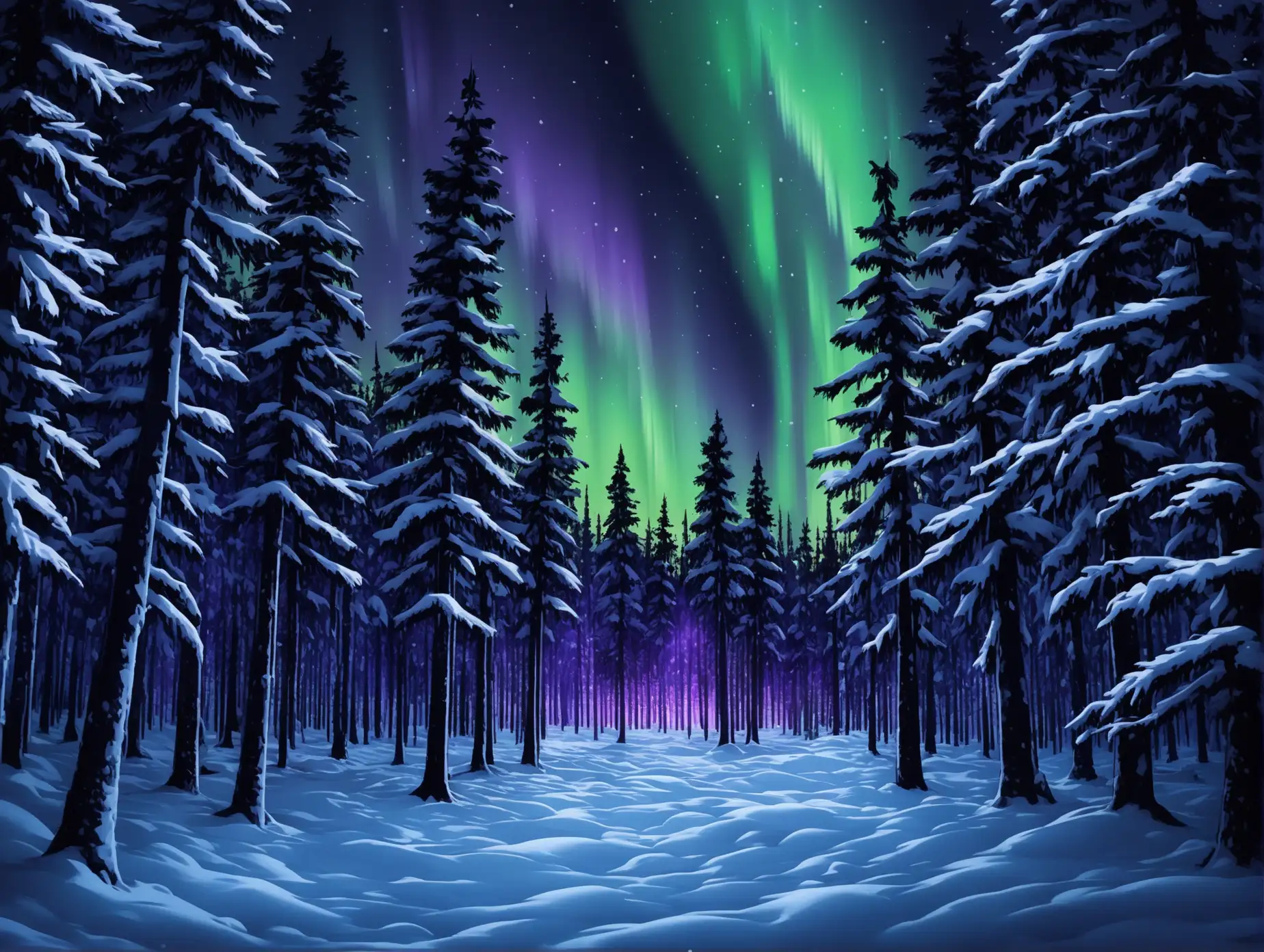 Magical-Winter-Forest-at-Night-in-Lapland-with-Northern-Lights