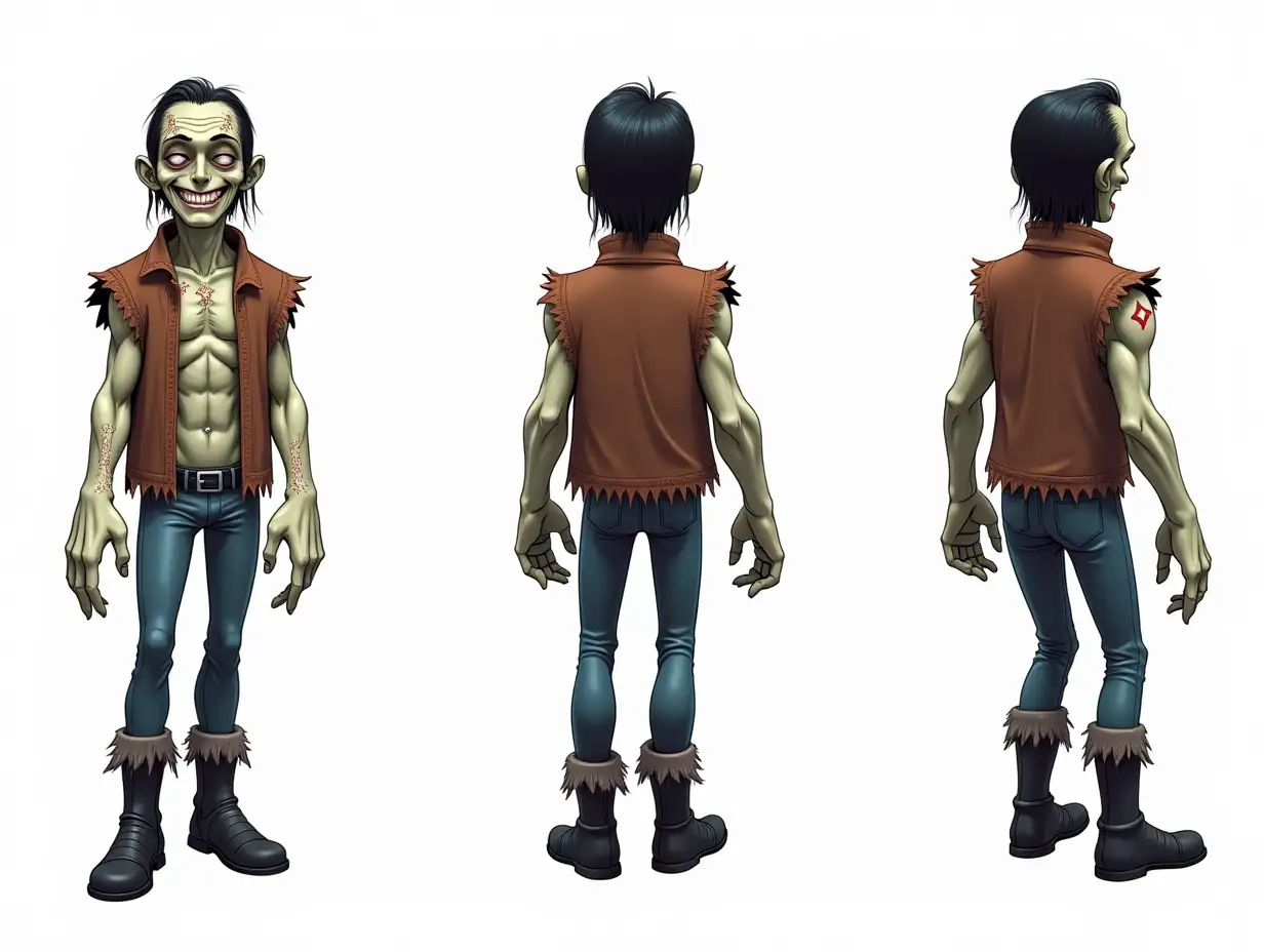 3D ON WHITE BACKGROUND, COLORFUL, Comic style, BLACK OUTLINES, SHADED, show all head to foot, ANATOMICALLY PROPORTIONATE FRANKENSTEIN'S CREATURE, tall and VERY handsome, smiling, WIDE FOREHEAD, LONG BLACK HAIR, PALE SKIN TONE, big scars and BLOODY stitches on body, WEARING BROWN frayed LOOSE SHORT OPEN VEST, TIGHT DARK BLUE frayed PANTS WITH NO BELT, BIG BLACK tall boots, CHARACTER SHEET FRONT, SIDE, 3/4 AND BACK poses, Ultra HD graphic NOVEL illustration, highly detailed