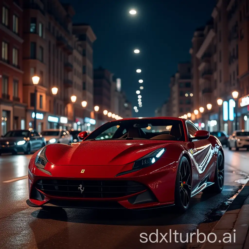 Ferrari tributo rouge in a night city.