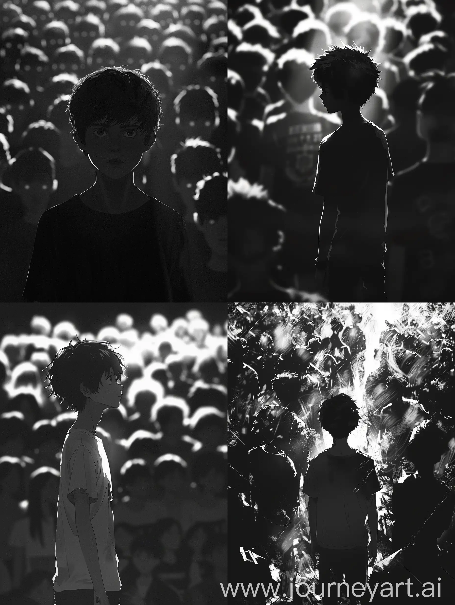 Lone-Boy-Standing-Apart-in-Cinematic-Black-and-White-Anime-Illustration