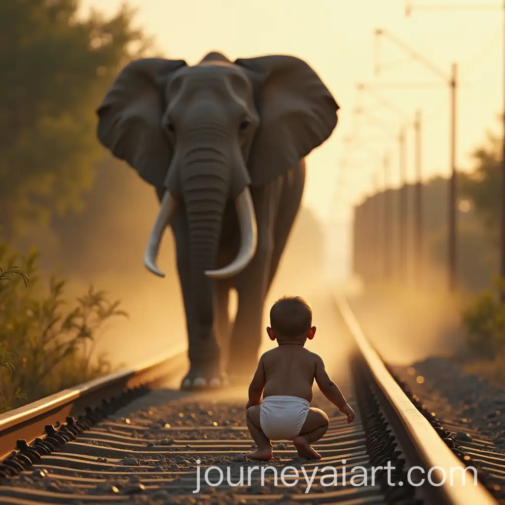 Baby-Crawling-Near-Railway-Track-with-Protective-Elephant-and-Passing-Train