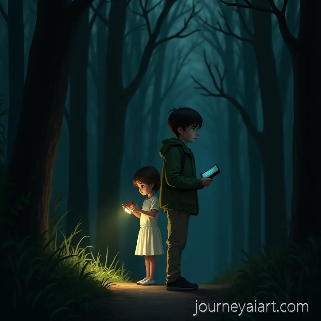 Boy-in-Green-JacketSkinny-boy-in-forest-and-Ghostly-Girl-in-Dark-Forest-with-Flashlight-and-Book