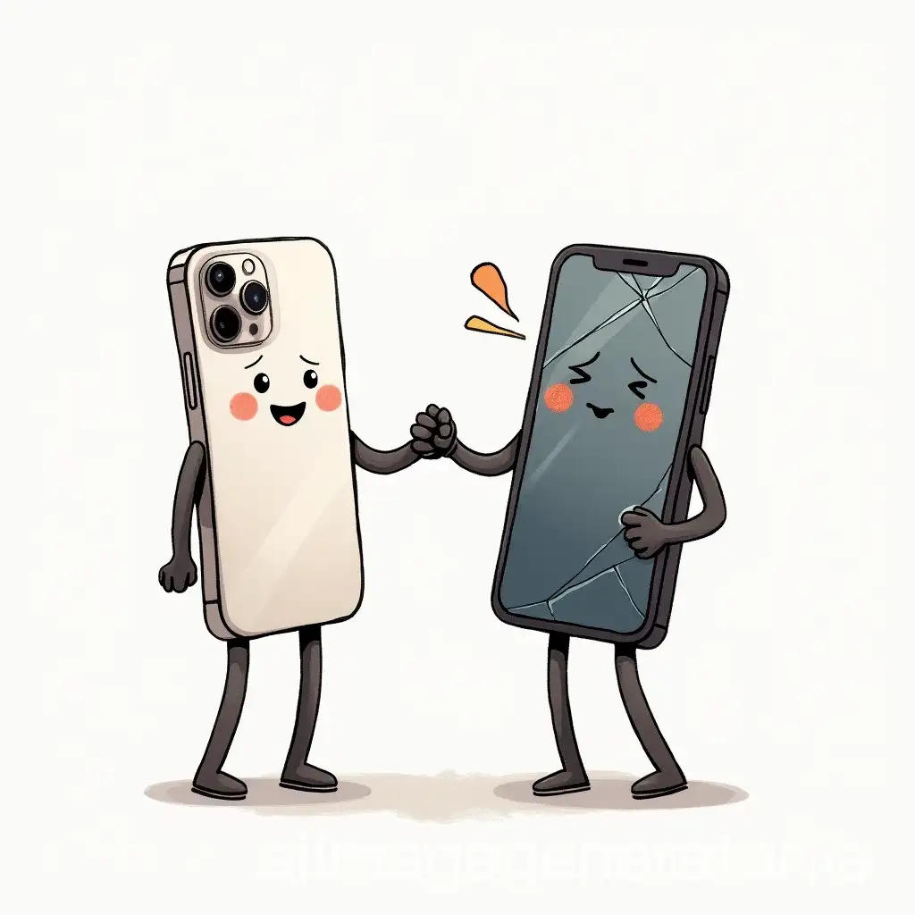 Smiling-iPhone-Shakes-Hands-with-Sad-Smartphone-with-Broken-Screen