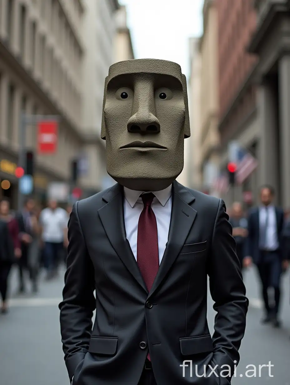 Manager in suit with Easter Island idol head walks down Wall Street