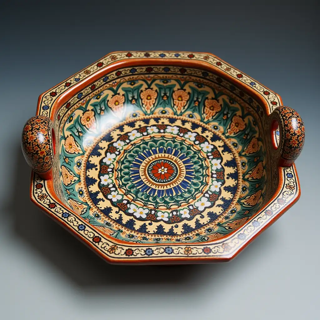 Octagonal with rounded corners ceramic serving dish with embossed beautiful handle,Fine art, Hyper detailed,Antique and old, Qajar art, Iranian Tabriz carpet design