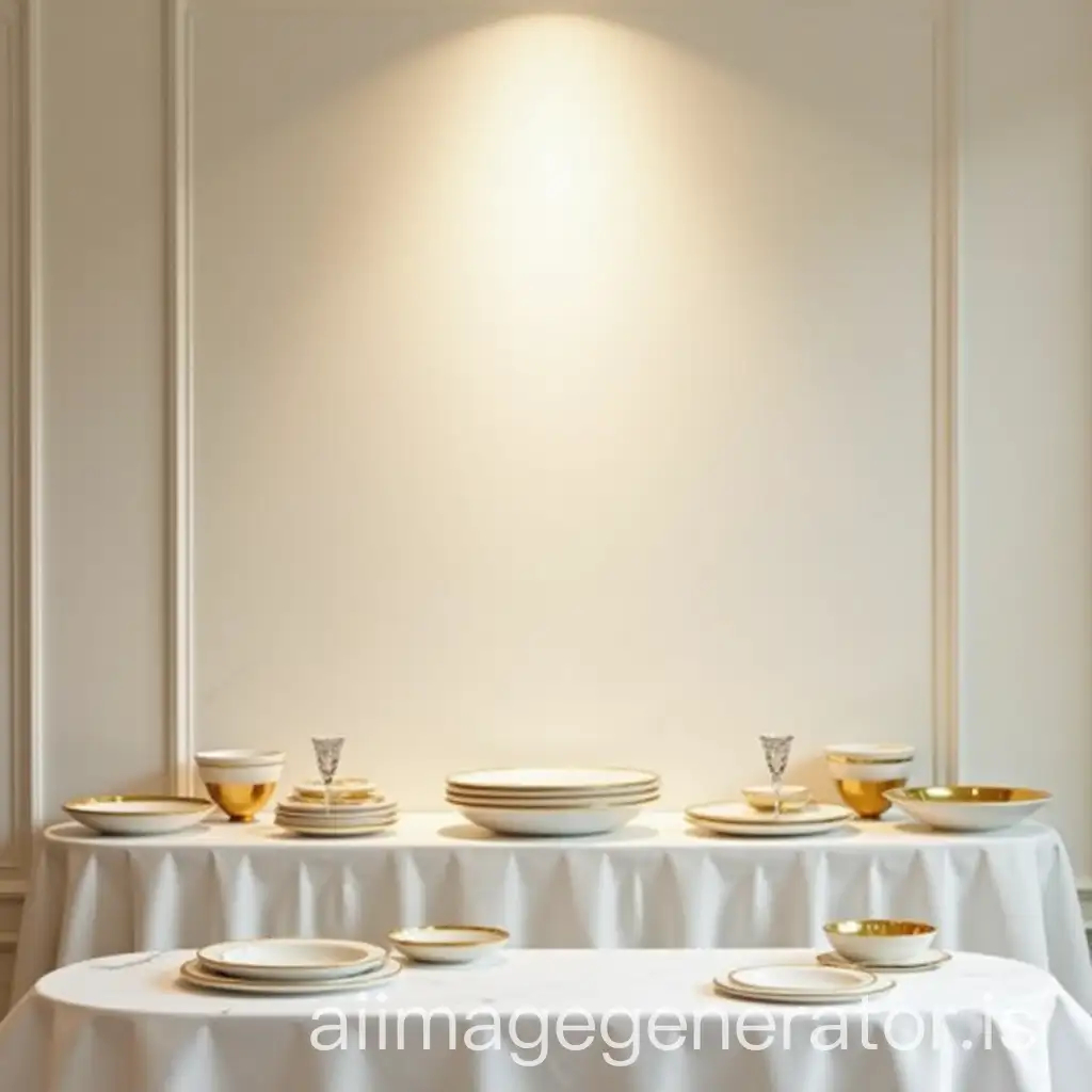 Background: white tablecloth and elegant gold-toned dishes. Lighting: soft light, centered on the table's center. Bar: polished white marble with golden touches.