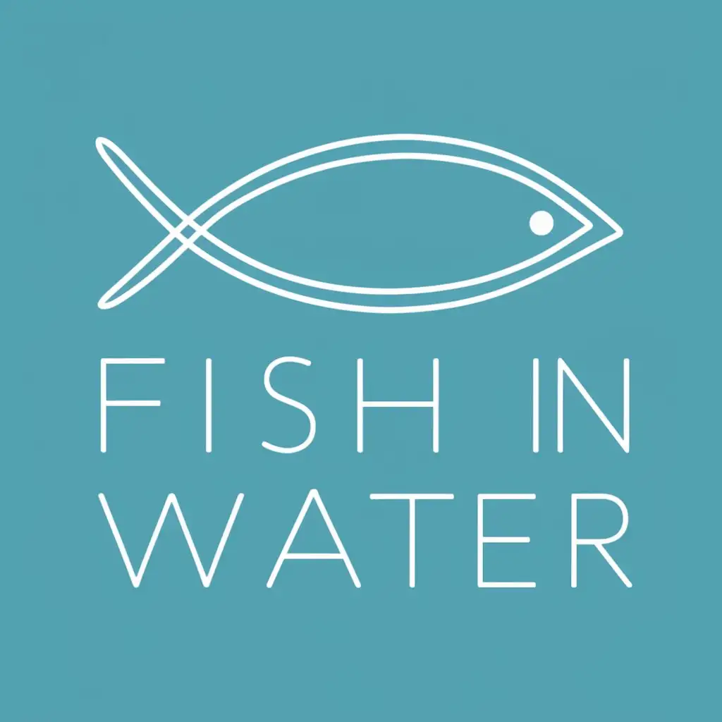 a vector logo design,with the text "fish in water", main symbol:Abstract fish in smooth blue lines. The background is turquoise, the text "Fish in Water" is in straight font. If we look at this, we feel peace and lightness, reminiscent of clear water.,Moderate,clear background