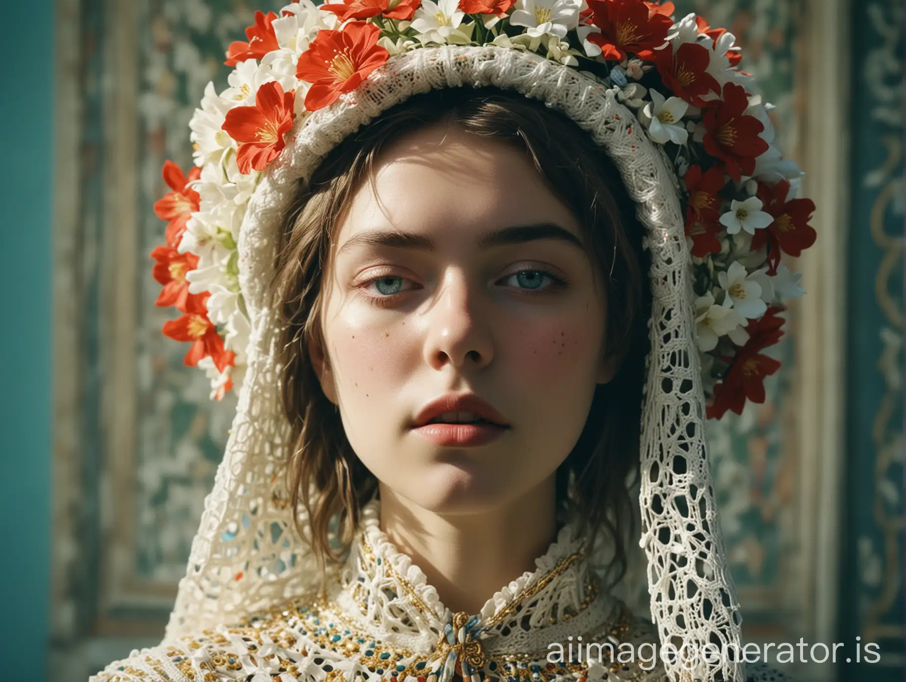 extreme close up on different young woman, looking  to opposite directions, dramatic red Holographic shadows and images abstract dark and dramatic, candid Young porcelain white skin woman tame Impala music inspired, in ancient castle with abstract  small flower designs, gold, light green blue, extremely detailed very light blue light red hand knitted phosphorus shawl on shoulder, short hair cut with a traditional African hat, white  decorated with detailed marbles on hair lomography, shadows and lights, drama, light stains, holographic small abstract flower designs background, Shadow and light games 