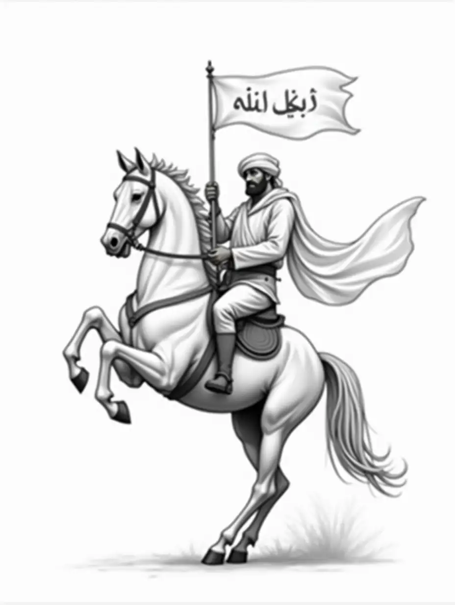 create for me a black and white sketch of ali bin abi thalib riding a horse lifting its front leg with a sword and flag