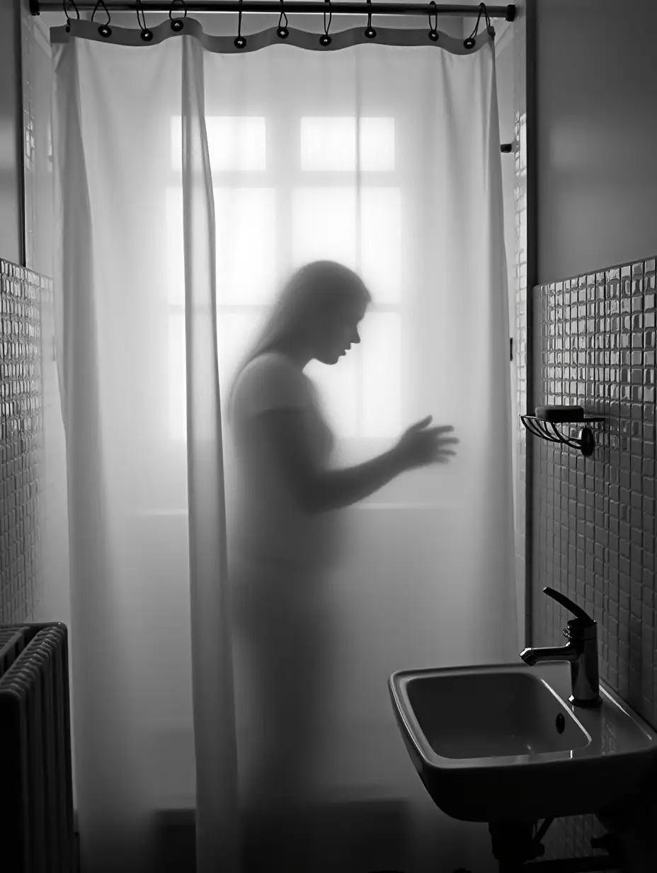 A black and white photograph captures a moment in a bathroom. The primary focus is a translucent shower curtain, behind which the silhouette of a girl is visible. The figure appears to be in motion, possibly washing or rinsing something, as suggested by the blurred, outstretched arms. The curtain, slightly wrinkled and textured, diffuses the light, creating a soft, ethereal effect around the figure. The bathroom tiles, visible on the right side of the frame, are small and square, arranged in a grid pattern. A simple, white sink with a faucet is mounted on the tiled wall, along with a soap dish. A radiator is partially visible in the lower left corner, adding to the domestic setting. The overall composition creates a sense of intimacy and everyday life, with the blurred figure adding a touch of mystery and movement to the otherwise static scene.