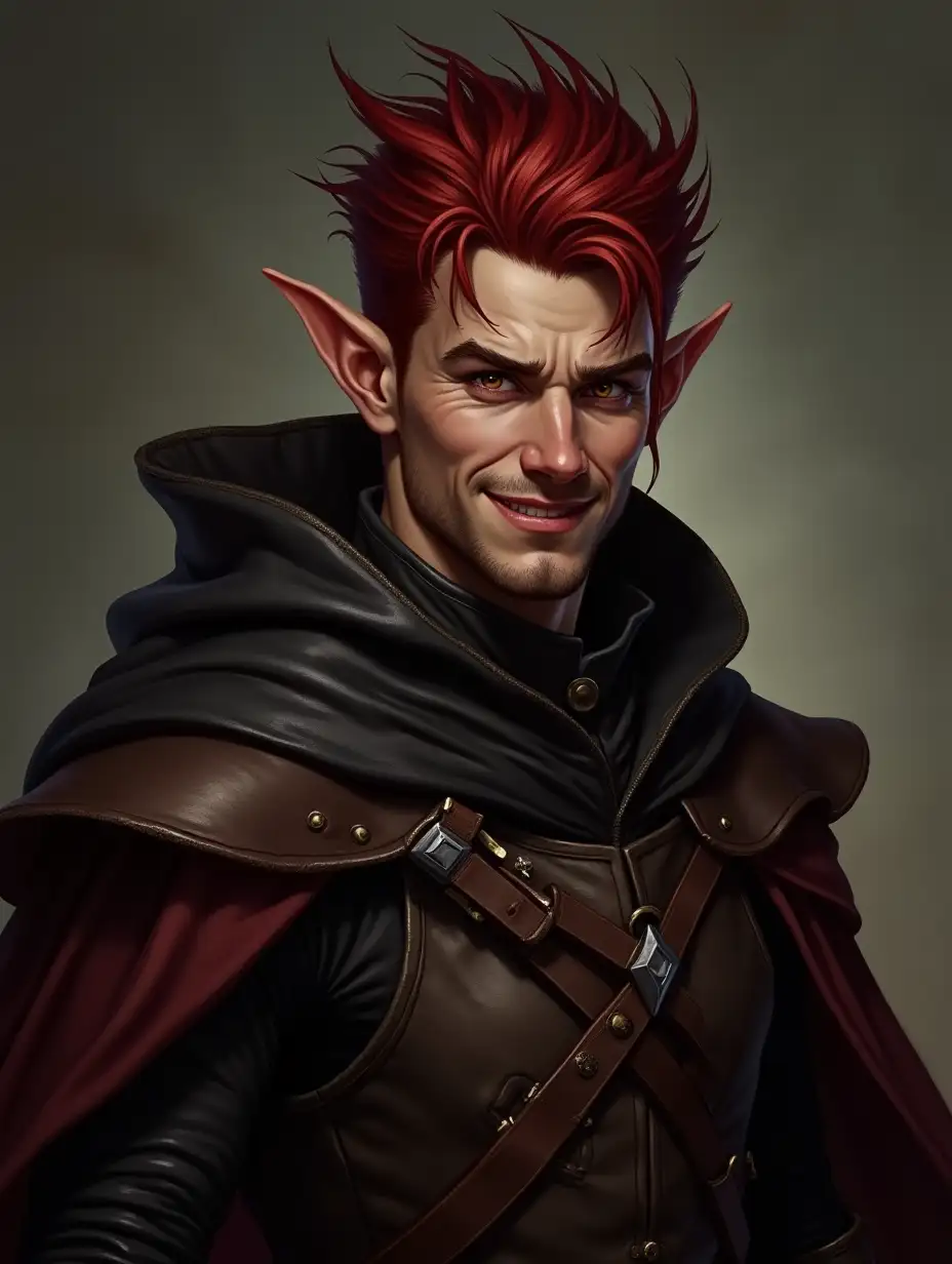 A dramatic portrait of a smirking, male half elf assassin, with spiky dark red hair in medieval leather cloak