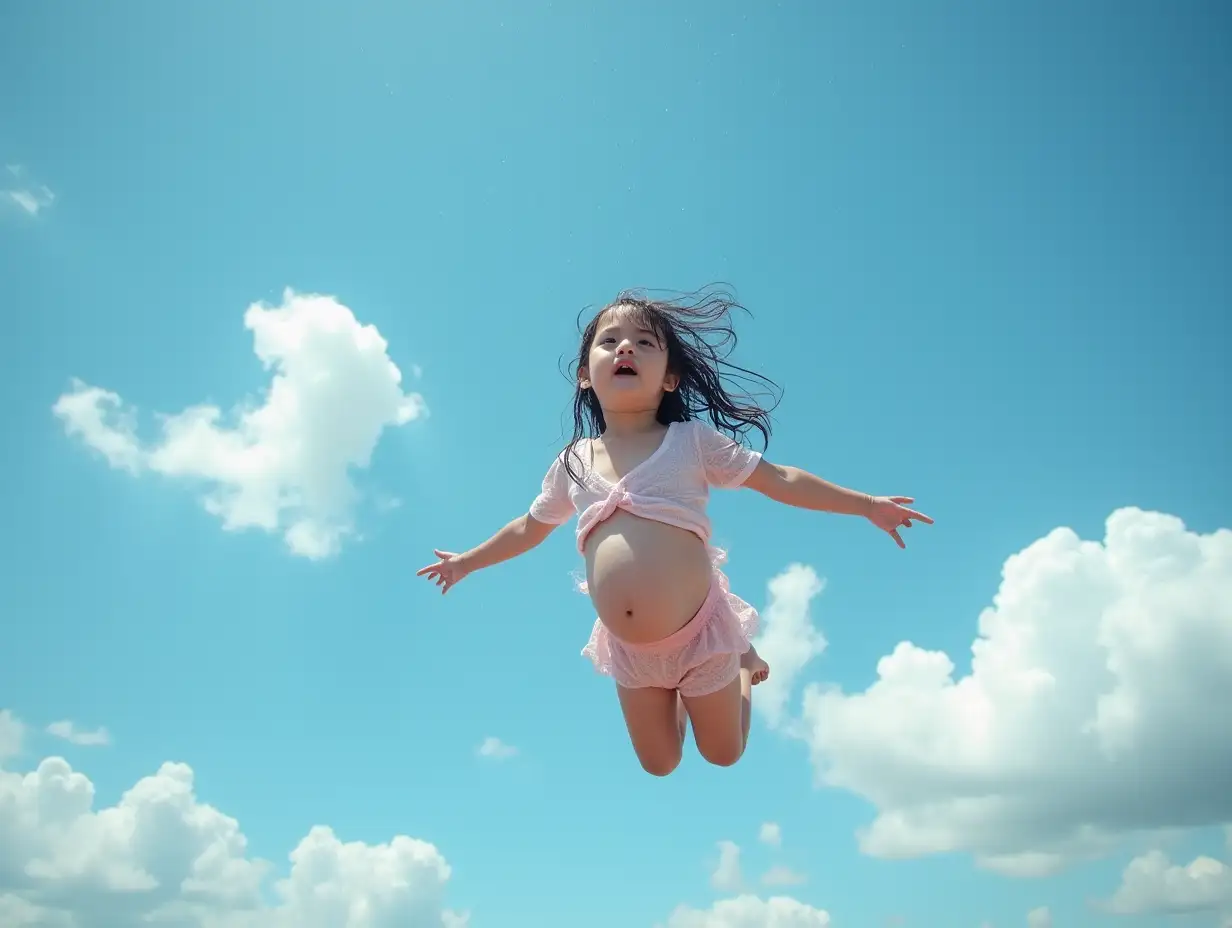 Pregnant-Girl-FreeFalling-in-Blue-Sky-with-Clouds