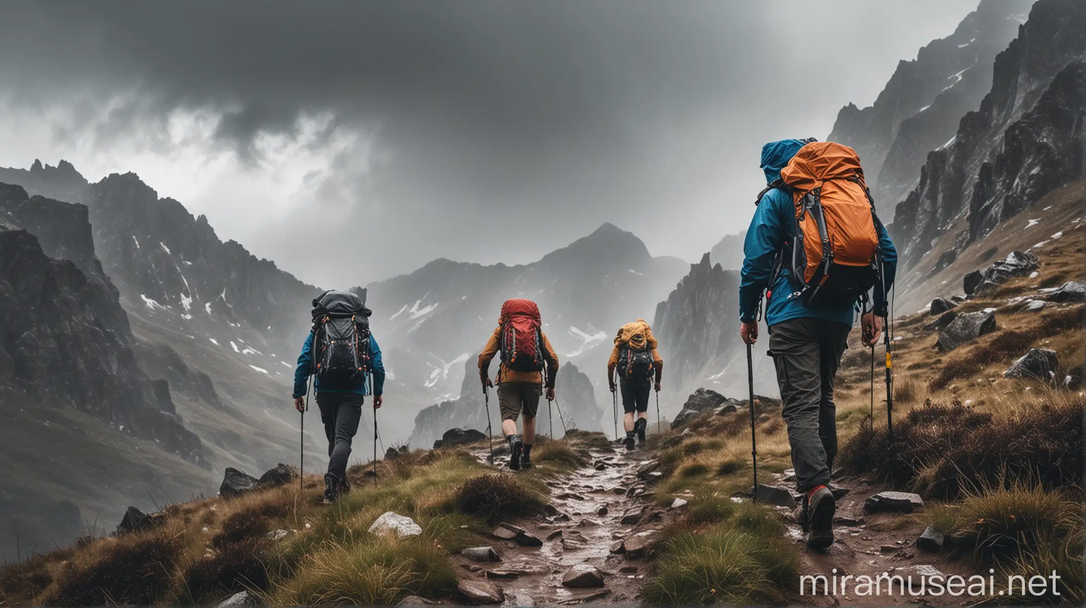 Hikers Struggling to Climb a Mountain in Harsh Weather Conditions