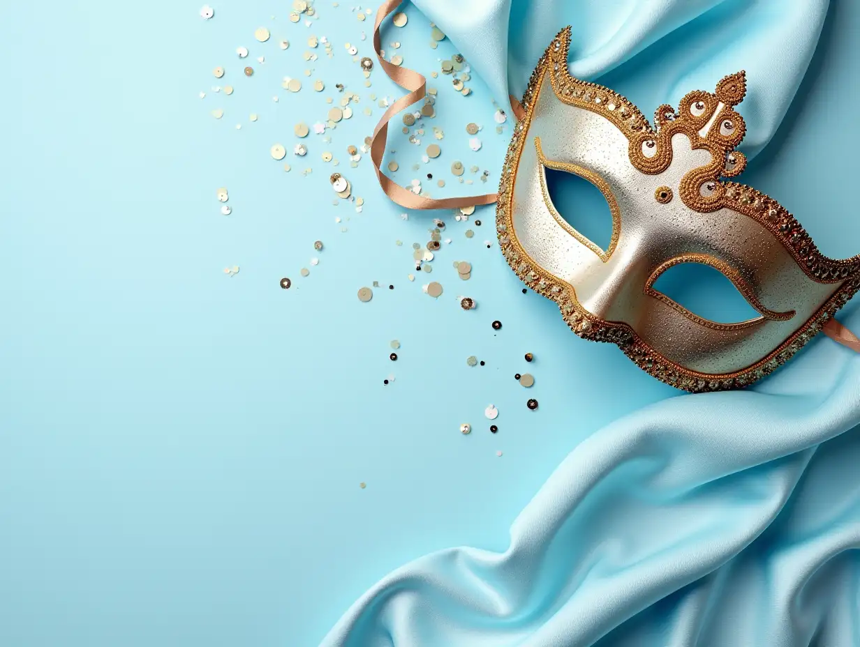 A top-down view of elegant Venetian-style masquerade masks with gold and silver details, resting on a soft blue fabric backdrop. Delicate confetti and small shimmering sequins are artistically scattered around. The composition leaves a spacious, uncluttered area for personalized text or a promotional message.