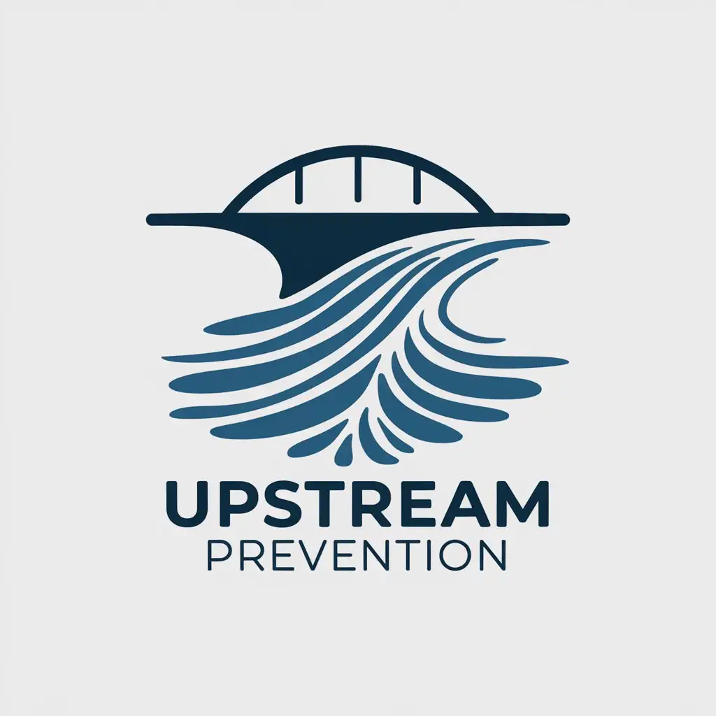 LOGO Design for Upstream Prevention Stylized Water Flow Curved Bridge Bold Modern Font