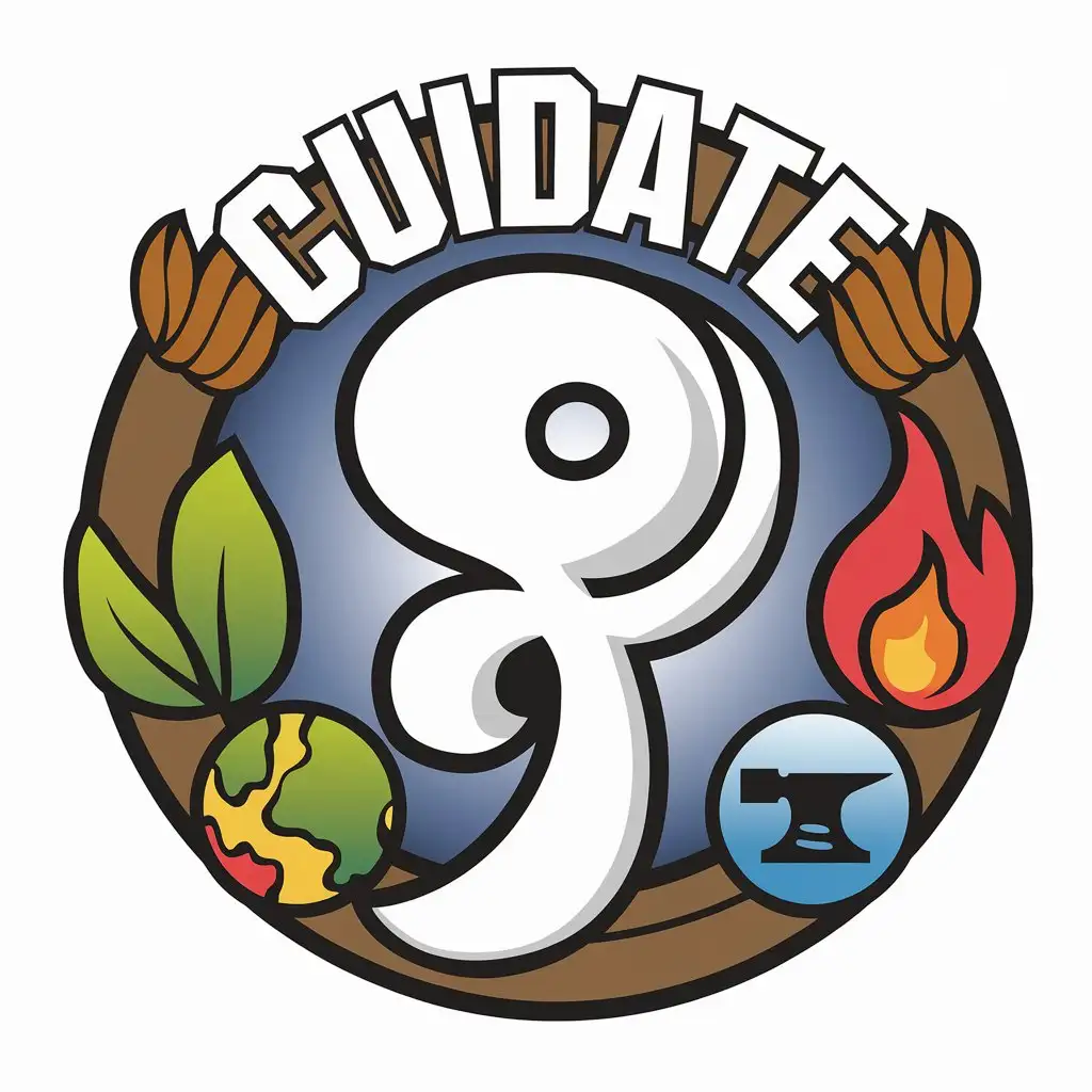 a vector logo design,with the text "cuidate", main symbol:ying yan and elements of nature: earth, fire, metal, wood and water,Moderate,clear background