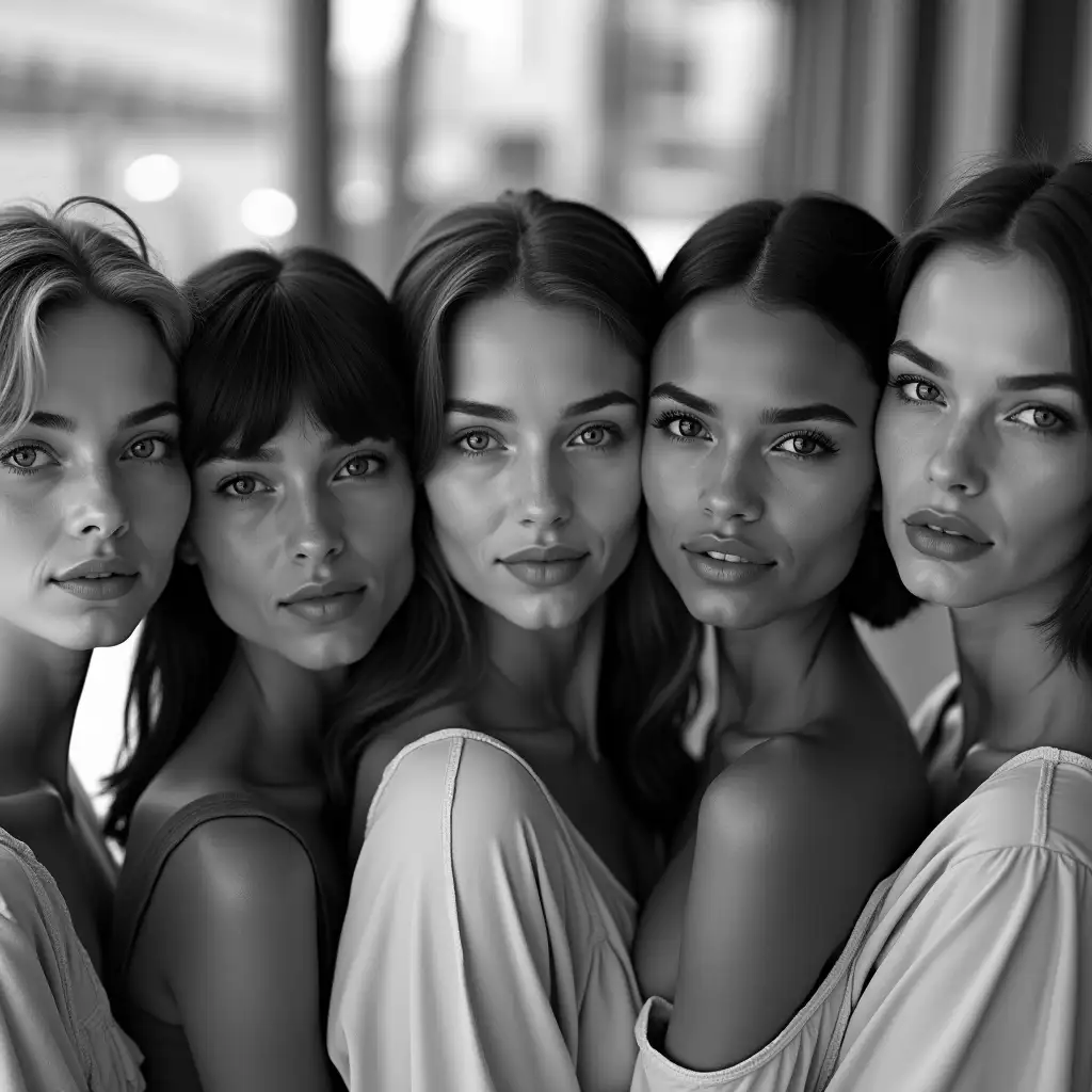 A close-up black and white portrait of a group of five models with different facial features and heights. The models are positioned close together, with their faces and upper bodies filling most of the image. Their facial expressions are neutral or slightly smiling, and they look directly at the camera. The models' hairstyles vary, from short bob cuts to longer, flowing styles. Different skin tones are visible. They appear to be wearing similar, loose-fitting, draped or flowing clothing. The background is blurred, suggesting an outdoor setting, and consists of blurred urban elements. The overall tone of the image is classic and elegant, with emphasis on the models' facial features.