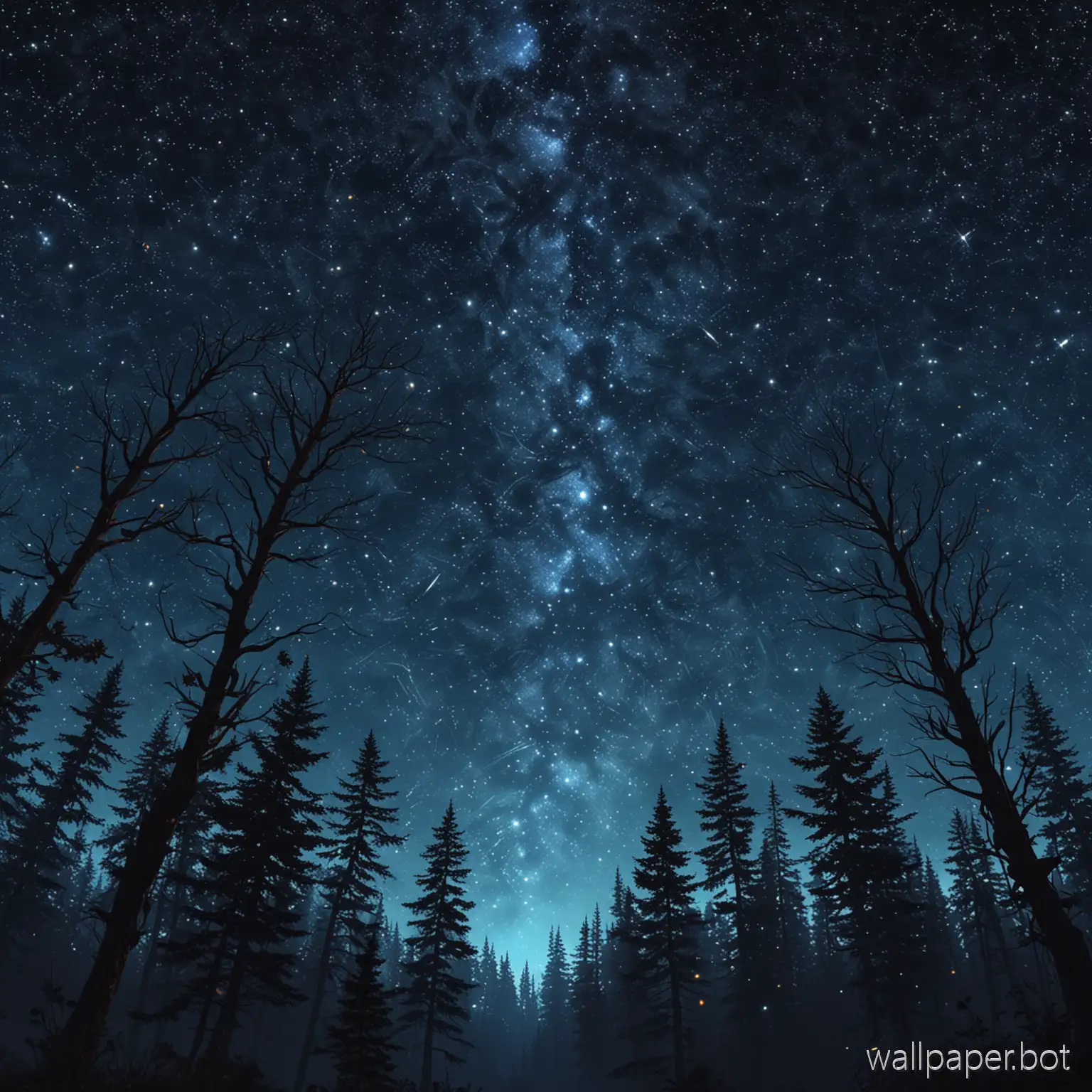 Ai wallpaper anime style of a starry night sky, that is shown above a forest