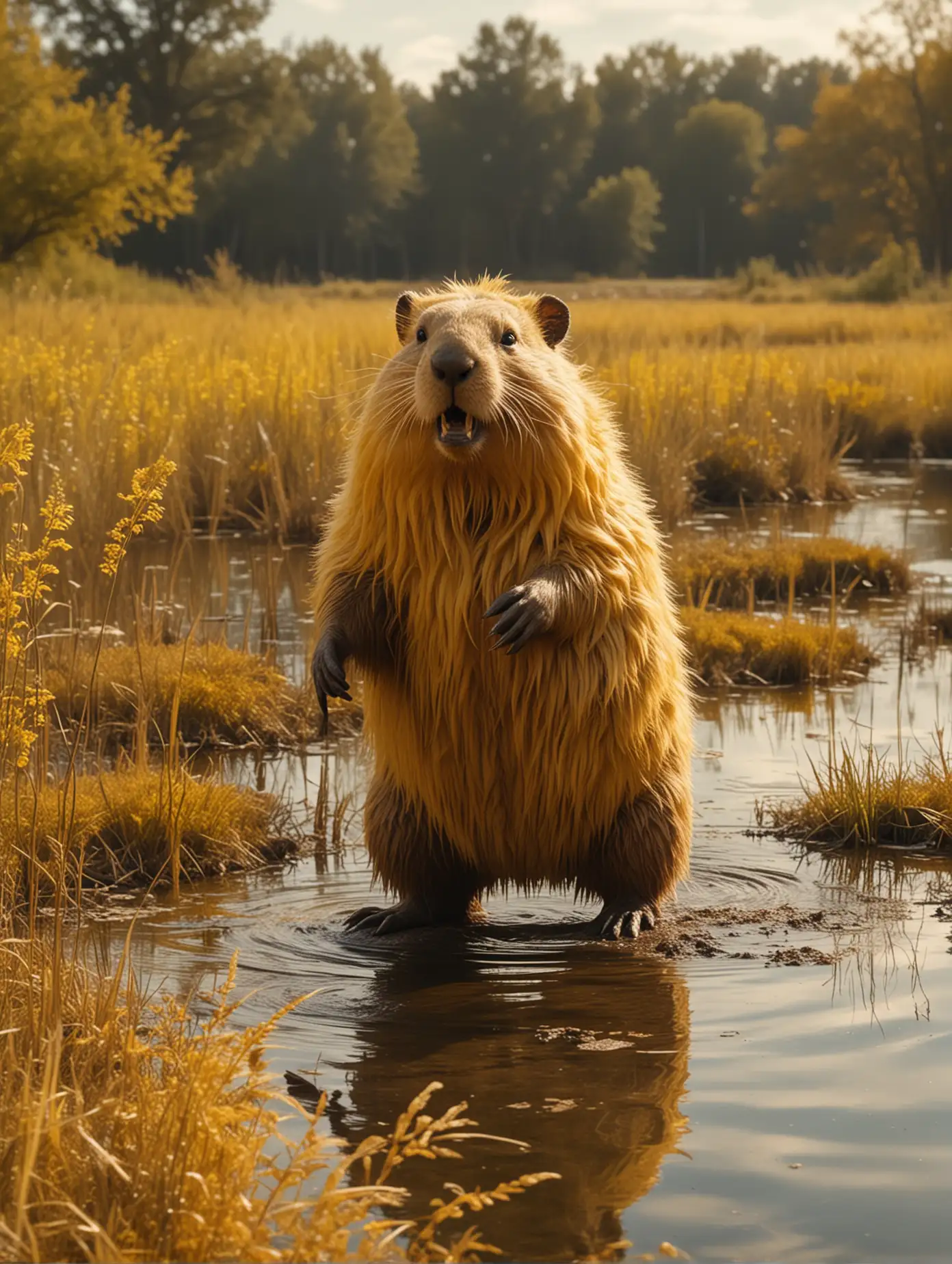 Fantasy Movie Scene Beaver with Lions Mane in Open Field near Pond