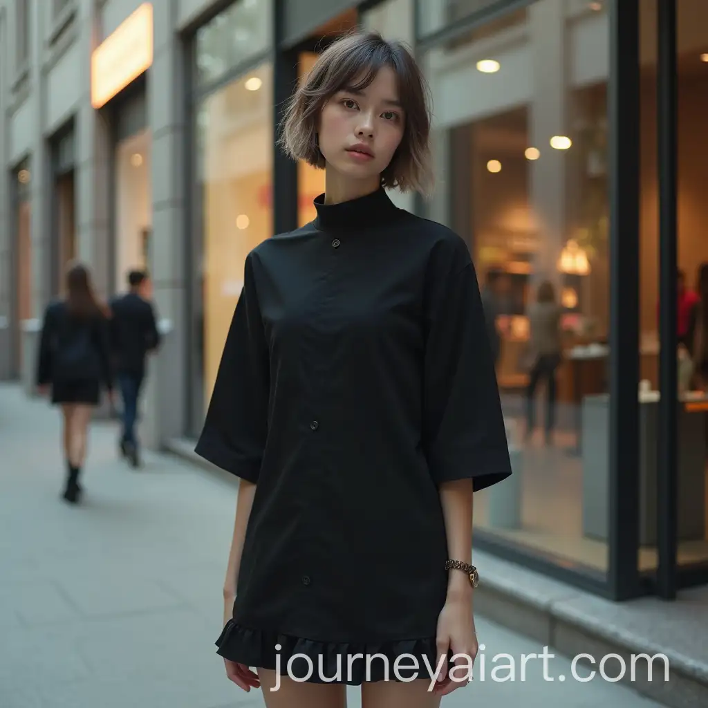 Modern-Androgynous-Teen-in-Black-Mini-Sack-Dress-Outside-a-Mall